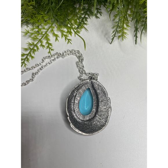 B1G2 FREE 🍁 Boho Feather Pendant Necklace with Turquoise Blue Stone Silver Chain - Picture 4 of 6